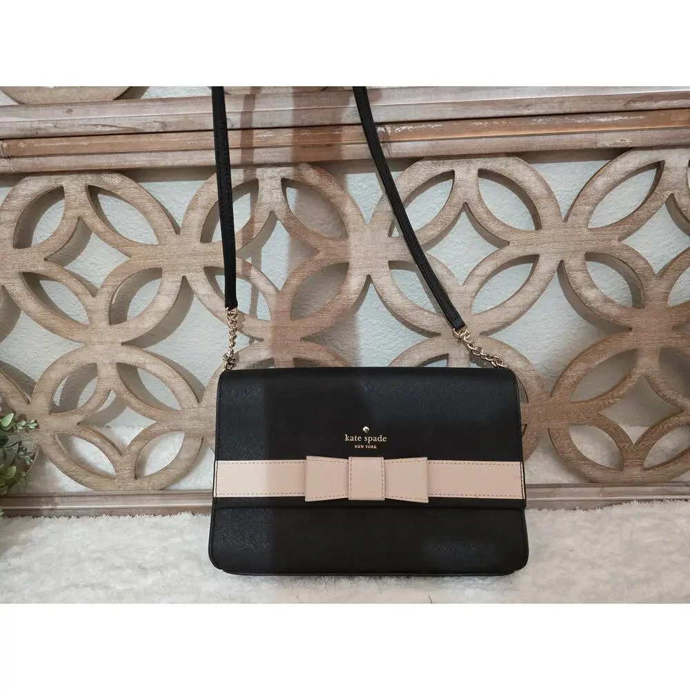 Kate Spade Kirk Park Leather Veronique Crossbody Black/ Taupe Bow (P6)